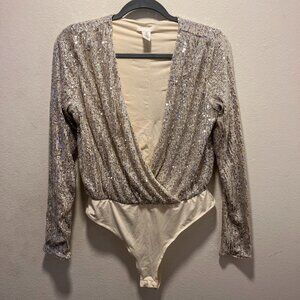 H&M Sequined Silver Metallic Long Sleeve Bodysuit Size Medium